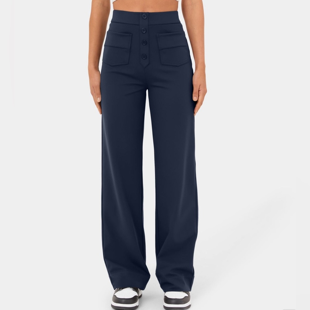 Halara High Waisted Faux Buttons Pockets Straight Leg Pants Navy